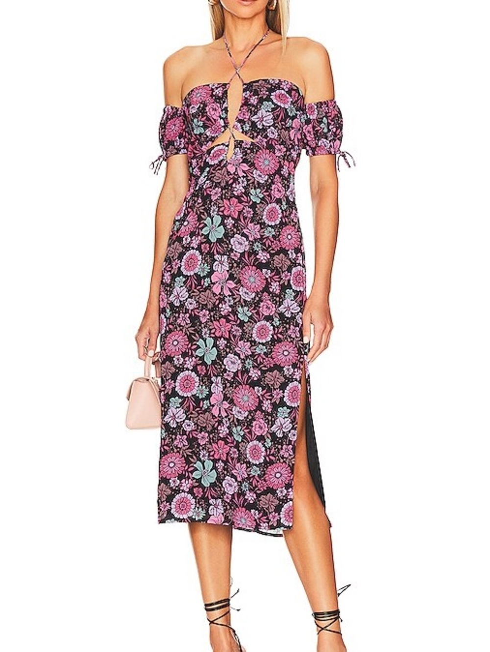 MAJORELLE Floral Off-Shoulder Midi Dress in Pink and Black